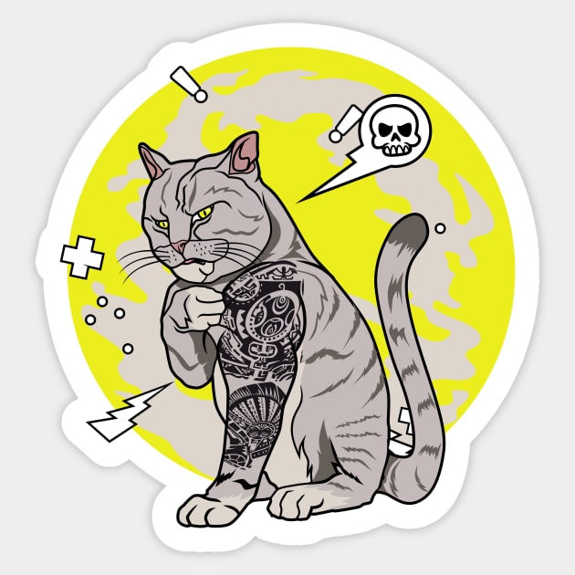 Muscle tattooed cat Sticker by D3monic